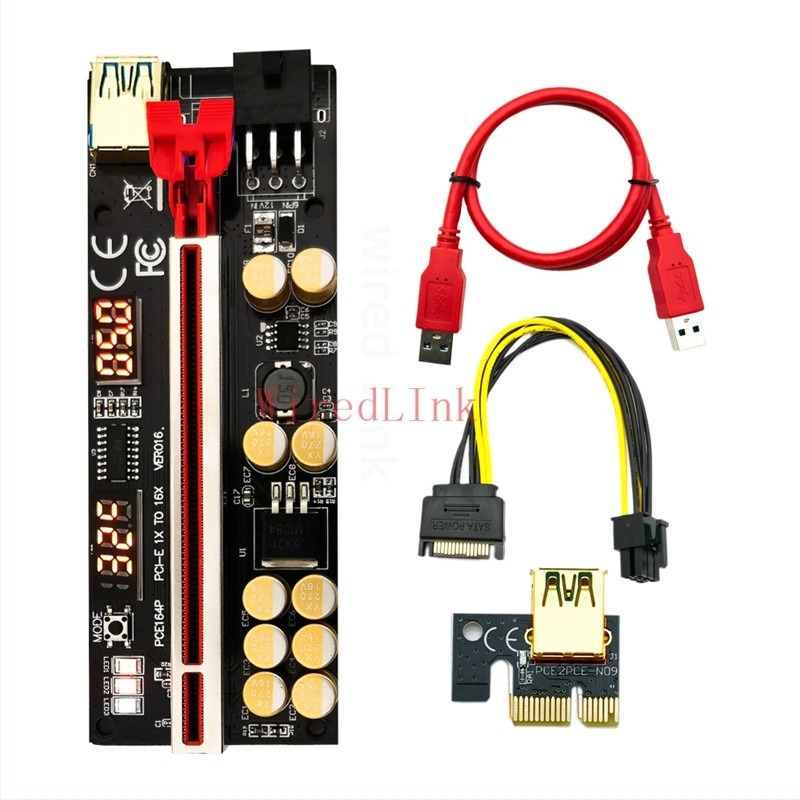 PCIe USB–PCIe adapter grafikus kártya hosszabbító hőmérséklet- és feszültség kijelzővel, 1x–16x, modell XHX-V016, hossz 60 cm