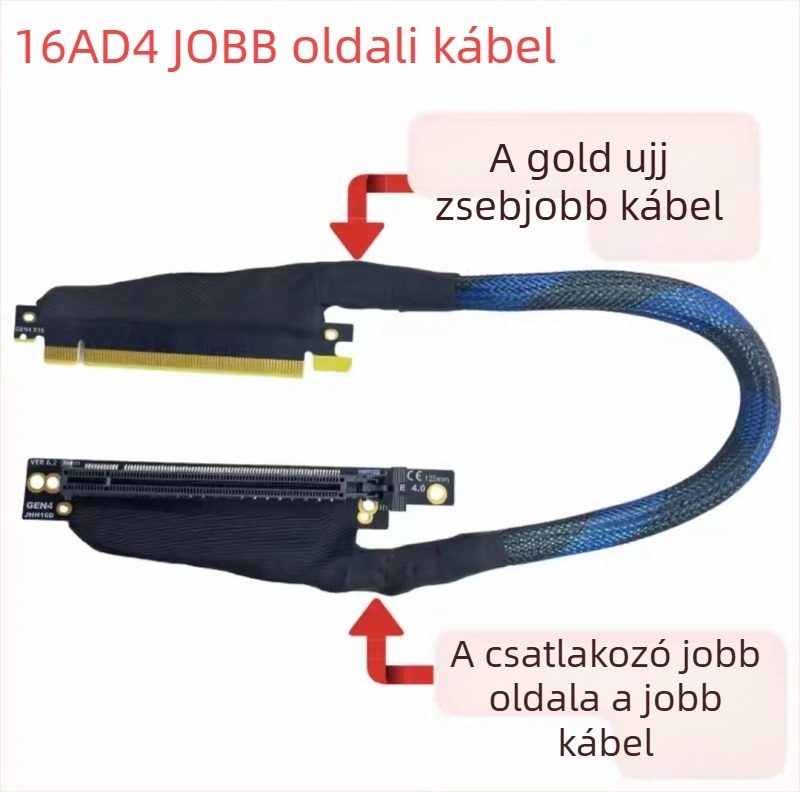 PCIe 4.0 x16 GPU riser adapter kábel, szőtt, rézmaggal, 32 GB/s
