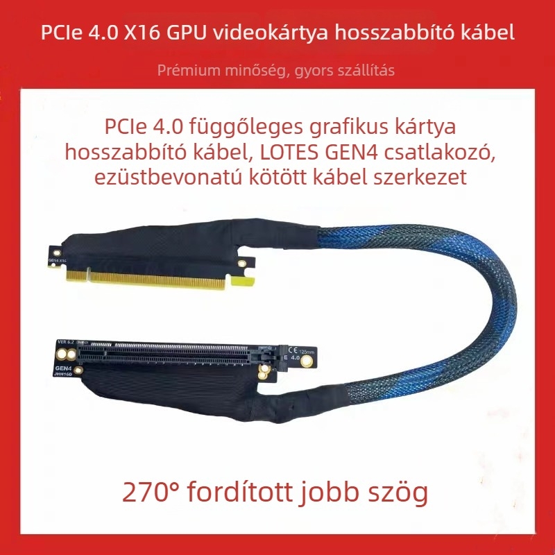 PCIe 4.0 x16 GPU riser adapter kábel, szőtt, rézmaggal, 32 GB/s