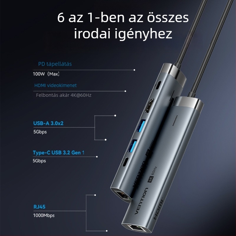 Weixun TGN USB-C HDMI és RJ45 Ethernet hub USB 3.0×2 és USB 3.2 Gen 1 Type-C