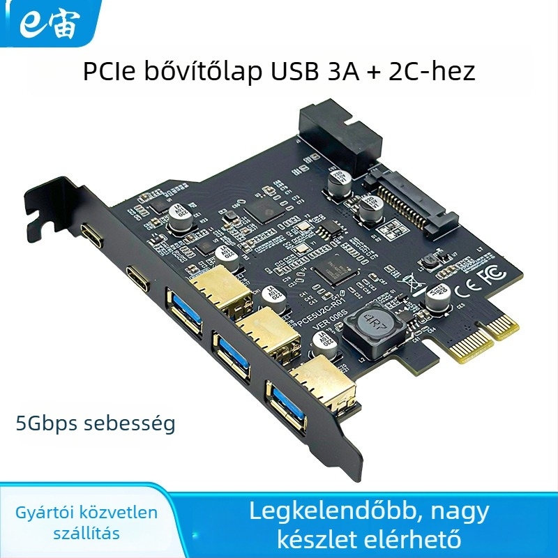 PCIe USB 3.2 Type-C adapterkártya | 5 Gbps, D720201 chip, Ez-70201, 1–5 kimeneti csatlakozó