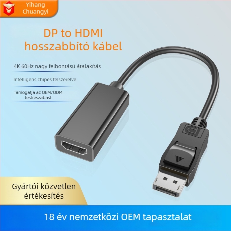 DP–HDMI adapterkábel – 4K kiegészítés, nagy teljesítményű chip, 10 Gbps, hossz 0,2 m