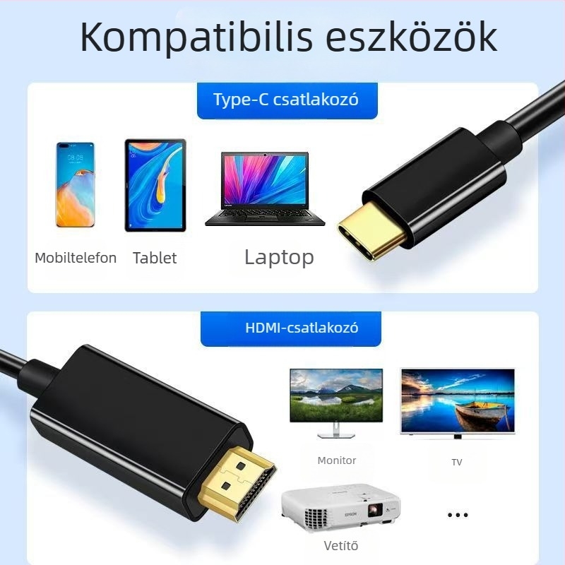 Type-C HDMI adapter kábel, rézmaggal, aranyozott csatlakozók, 4K30Hz, kiváló minőségű chip