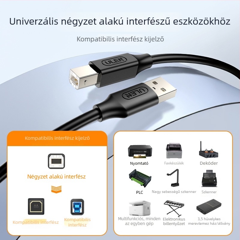 USB 2.0 nyomtató adatkábel oxigénmentes rézzel, négyszögletes csatlakozó, 1,5 m hosszú