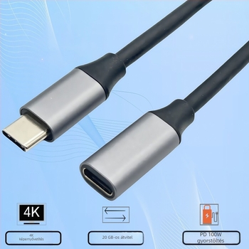 Type-C hosszabbító kábel, férfi–nő, 20Gbps, USB 3.2 adatkábel, 4K vetítés