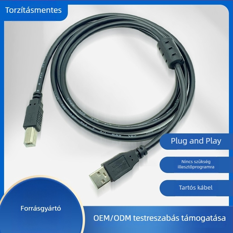 Réz USB adatkábel négyzetes csatlakozóval, 1,5 m, átlátszó kék USB-B nyomtató-kábel