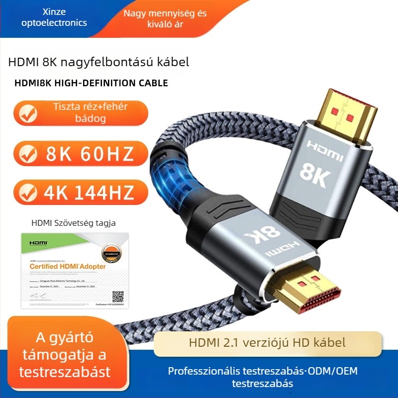 Xinze HDMI-kábel 8K60Hz, 5 m, HDMI–HDMI, aranyozott csatlakozók, nagyfelbontású kábel televízióhoz és számítógéphez