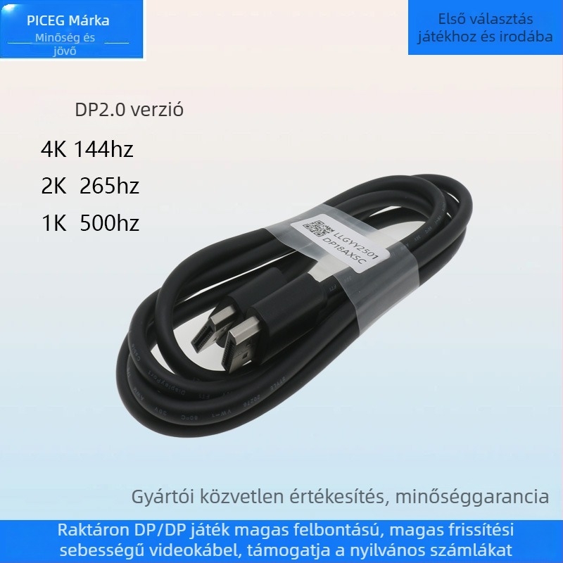 DisplayPort–DisplayPort videókábel PC-hez, 4K/144Hz, férfi-férfi csatlakozó, játékra tervezett magas minőségű kábel