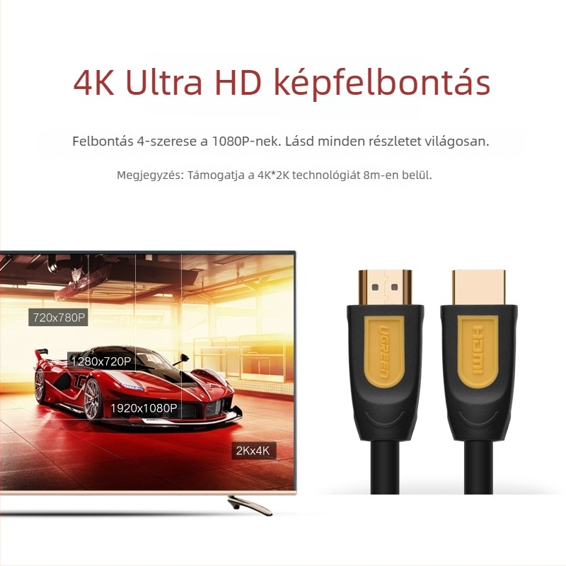 HDMI 2.0 kábel, 4K, aranyozott csatlakozók, oxigénmentes réz, adapterrel, televízióhoz