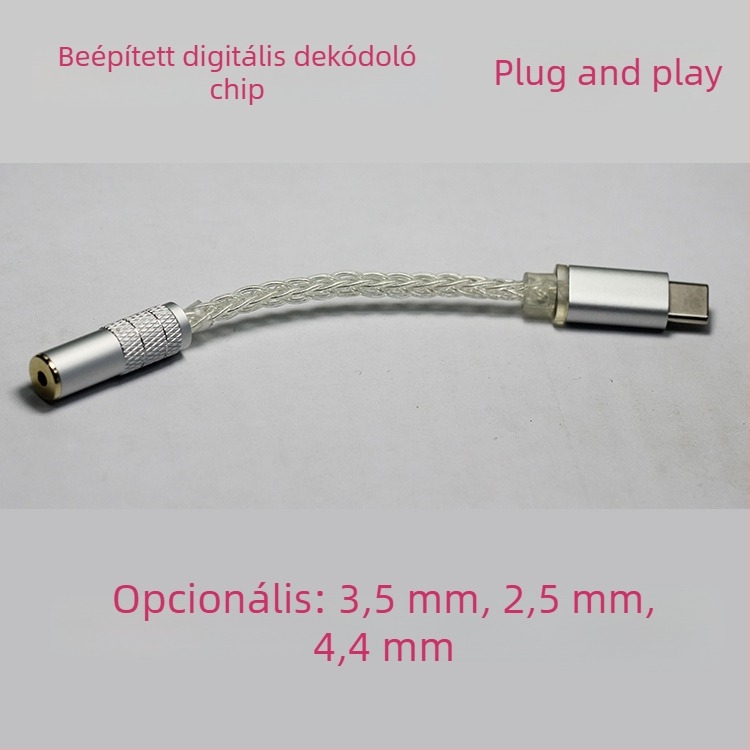 TYPE-C-től 3,5 mm-ig terjedő HiFi dekóder adapterkábel, 8-szálas OCC réz, ezüstözött bevonat, átlátszó