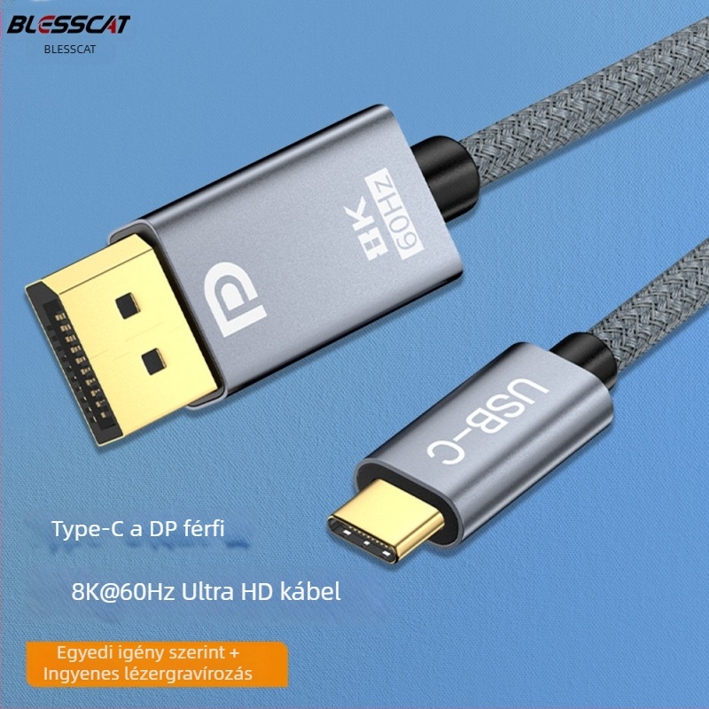 Type-C to HDMI adapter kábel 8K60Hz támogatással, laptopokhoz és okostelepekhez, aranyozott csatlakozók, ónnal bevont réz vezető, hossz 2m vagy 3m