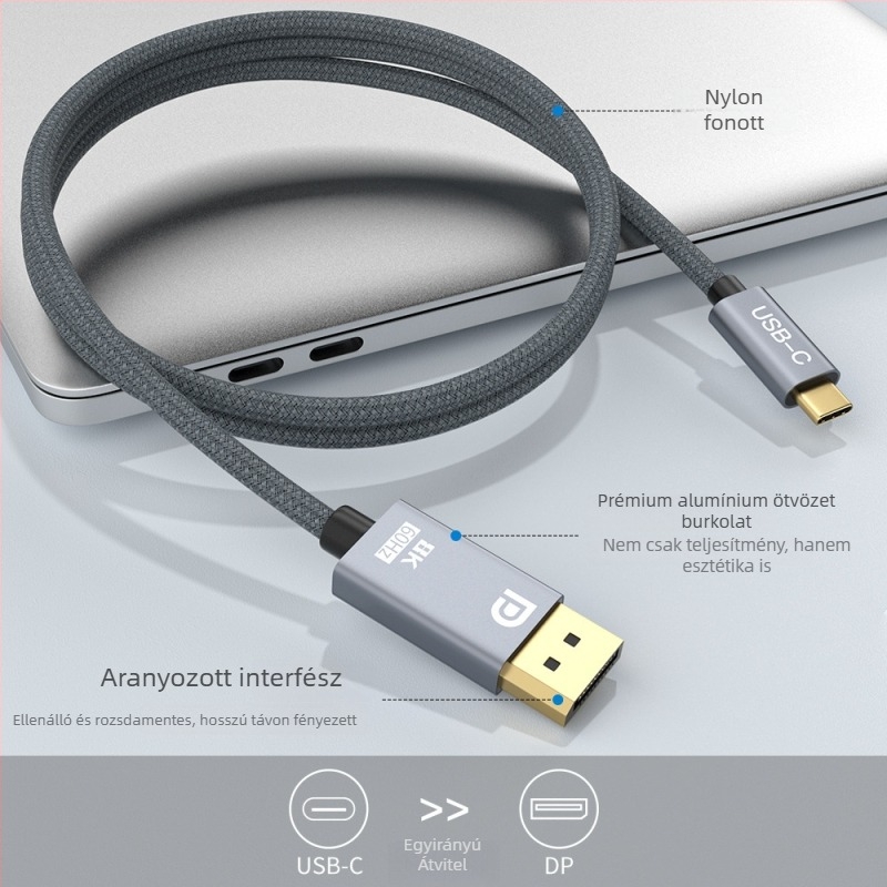 Type-C to HDMI adapter kábel 8K60Hz támogatással, laptopokhoz és okostelepekhez, aranyozott csatlakozók, ónnal bevont réz vezető, hossz 2m vagy 3m