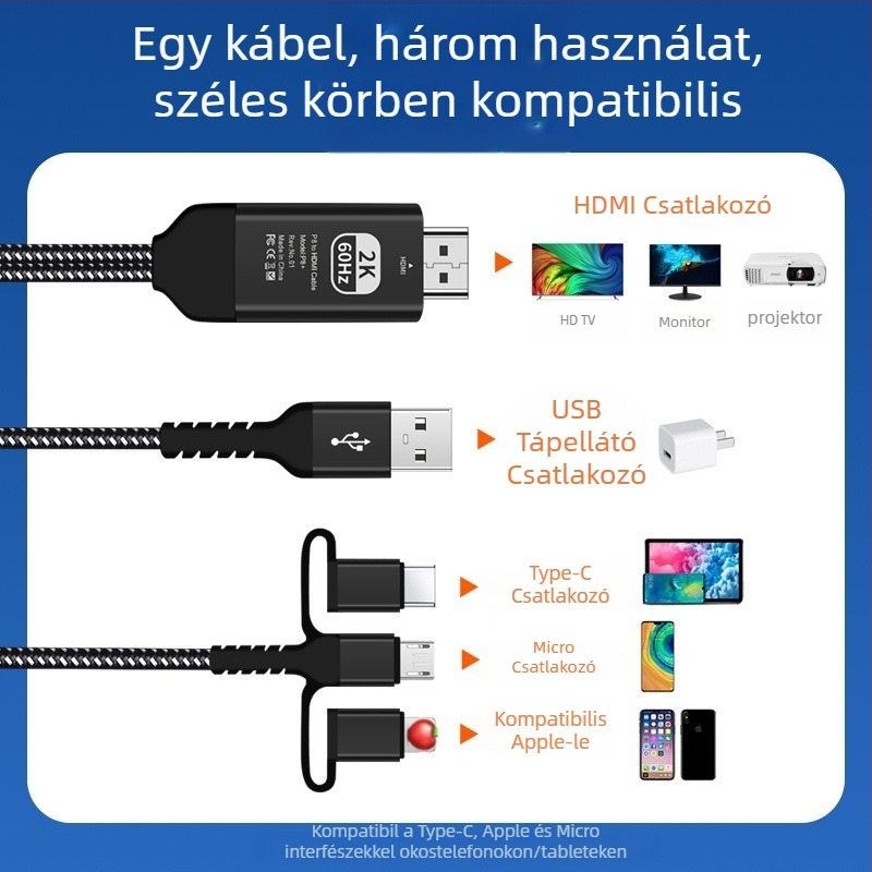 HDMI kijelzőkábel okostelefonokhoz — univerzális USB-C/Android 8 adapter Apple Type-C eszközökhez TV-hez, projektorhoz vagy monitorhoz
