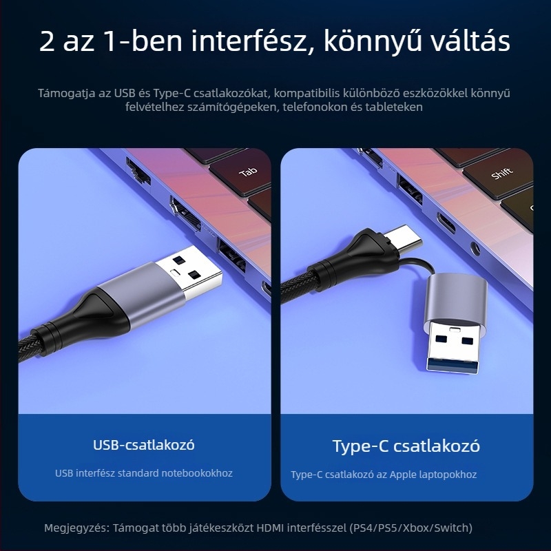 Video felvevő kártya USB 3.0 / Type-C — 1080P, MS2130 chip, minden operációs rendszerrel kompatibilis, mobiltelefon és számítógép felvételéhez