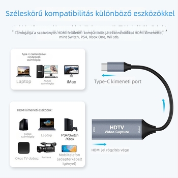 Videókártya rögzítés 2.0, 4K felbontás, Type-C csatlakozó, Windows-kompatibilis, 1 éves garancia