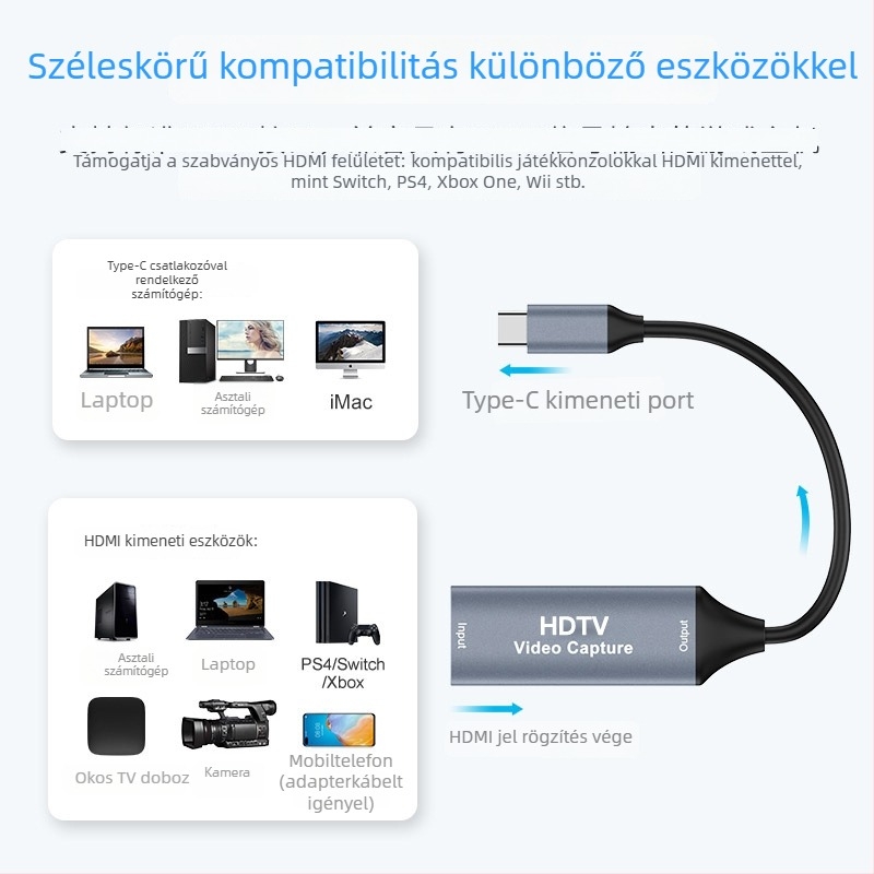 Videókártya rögzítés 2.0, 4K felbontás, Type-C csatlakozó, Windows-kompatibilis, 1 éves garancia
