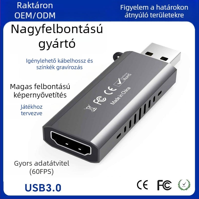 USB 3.0 videó rögzítő kártya – 1080p, USB interfész, Windows-kompatibilis, alumínium ötvözet test, 1 év garancia
