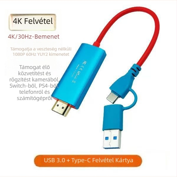 HDMI–ról USB-C 3.0 videó felvevő kártya, 1080P, Windows kompatibilis, USB-interfész, Switch, PS4 és Mini PC Stickhez