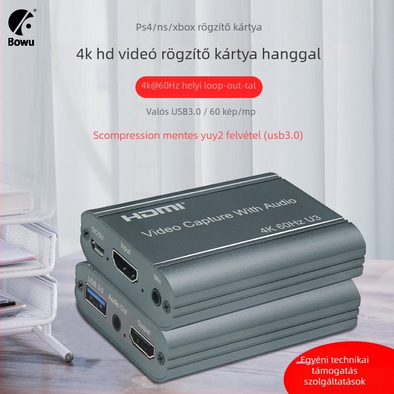 BOWU U3 hanggal HDMI videó rögzítő kártya – 4K60Hz USB, Langxun chip, Windows kompatibil, Switch/PS4 élő közvetítéshez