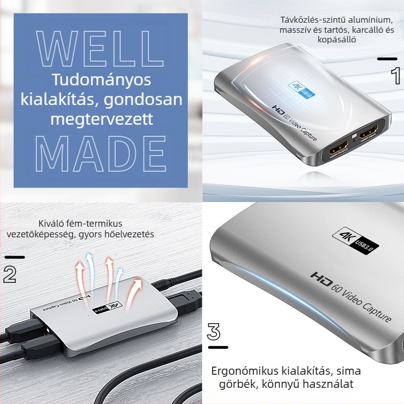 HDMI videó rögzítő kártya 4K60Hz, USB 3.0, MS2131 chip, loop-out, élő felvétel 1080p60