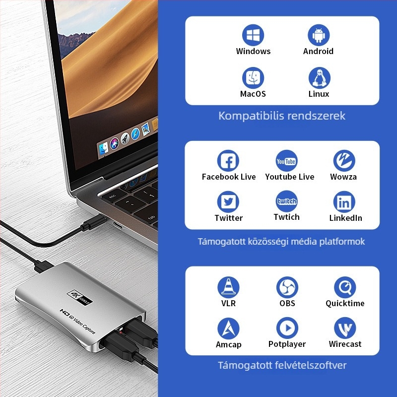 HDMI videó rögzítő kártya 4K60Hz, USB 3.0, MS2131 chip, loop-out, élő felvétel 1080p60