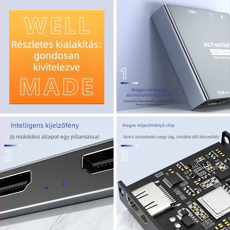 USB 3.0 videófelvevő kártya — 4K/30Hz, HDMI interfész, MS2131 chip, kompatibilis minden operációs rendszerrel
