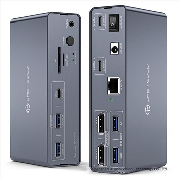Hs-sw525 USB-C KVM kapcsoló: 2 USB-C bemenet, 2 DP 1.4 kimenet, 2× USB 3.0, 2× USB 3.2, 1× USB-C, SD/TF kártyahelyek