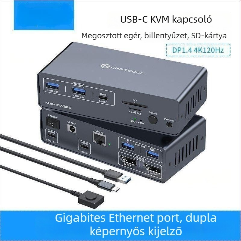 Hs-sw525 USB-C KVM kapcsoló: 2 USB-C bemenet, 2 DP 1.4 kimenet, 2× USB 3.0, 2× USB 3.2, 1× USB-C, SD/TF kártyahelyek