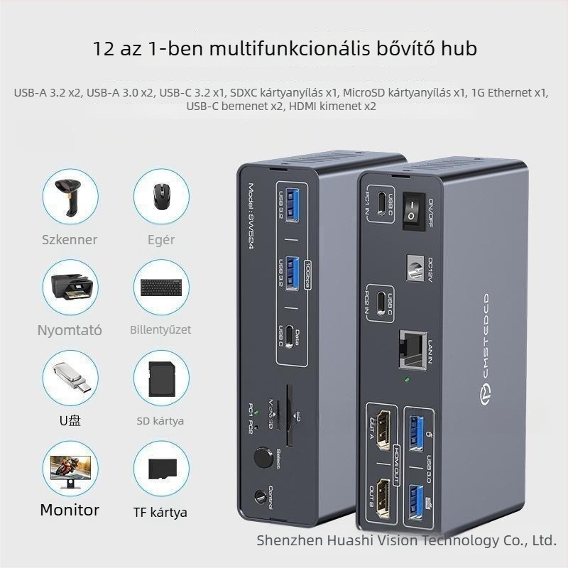 Hs-sw525 USB-C KVM kapcsoló: 2 USB-C bemenet, 2 DP 1.4 kimenet, 2× USB 3.0, 2× USB 3.2, 1× USB-C, SD/TF kártyahelyek
