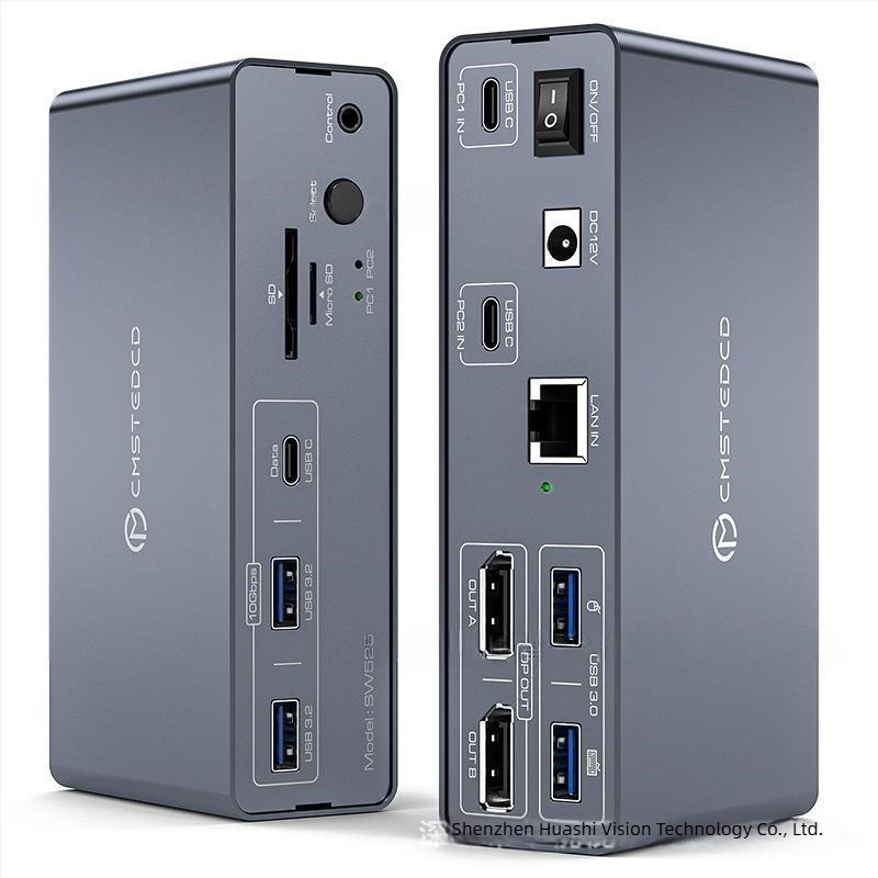 Hs-sw525 USB-C KVM kapcsoló: 2 USB-C bemenet, 2 DP 1.4 kimenet, 2× USB 3.0, 2× USB 3.2, 1× USB-C, SD/TF kártyahelyek