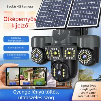 Ötcsatornás napelemes megfigyelő kamera, 360° lefedettség, HD éjszakai látás, 4G, adathasználati díj nélkül