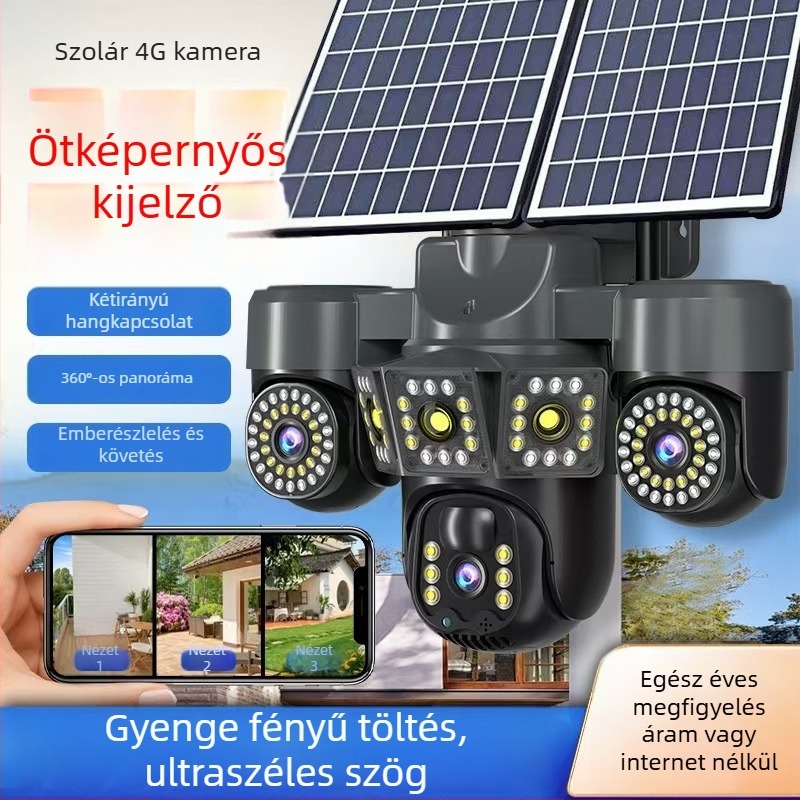 Ötcsatornás napelemes megfigyelő kamera, 360° lefedettség, HD éjszakai látás, 4G, adathasználati díj nélkül