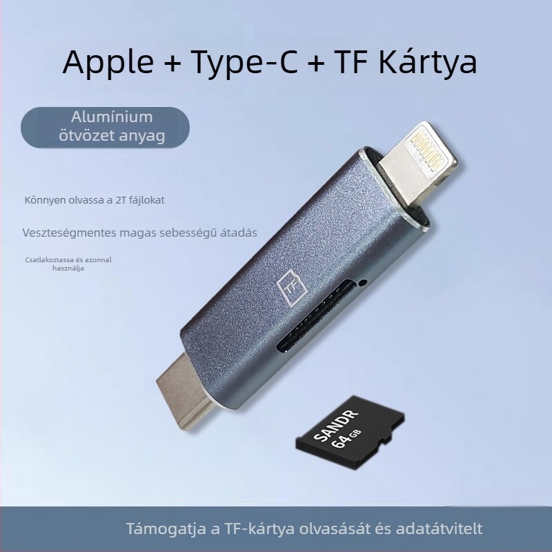Apple eszközökhöz kártyaolvasó, USB 2.0, Apple Type-C csatlakozó, TF memóriakártya támogatás, alumínium ötvözet ház