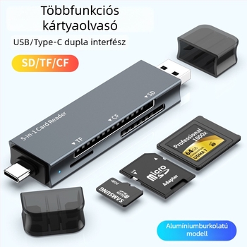 CF memóriakártya-olvasó – dupla fej, 3-in-1 SD/TF, kamerához és okostelekhez, USB 2.0, támogatja CF/SD/SDHC/TF, alumínium ötvözet