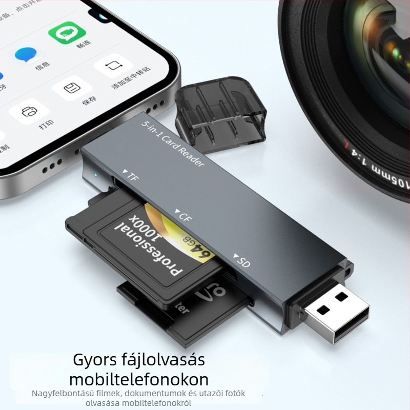 CF memóriakártya-olvasó – dupla fej, 3-in-1 SD/TF, kamerához és okostelekhez, USB 2.0, támogatja CF/SD/SDHC/TF, alumínium ötvözet