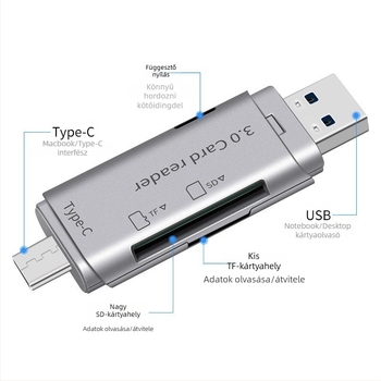 Type-C USB 3.0 memóriakártyaolvasó – All-in-One SD/TF, OTG, telefonokra és számítógépekre