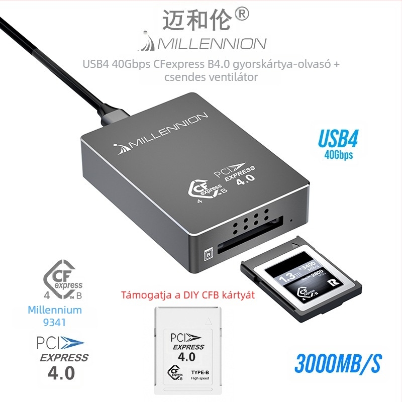 Kártyaolvasó 9341 — USB4 40Gbps, USB-C interfész, alumínium ház, CFB memóriakártya-támogatás, külső telepítés