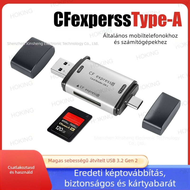 CFexpress Type A kártyaolvasó 2 az 1-ben – USB 3.2 10Gbps Type-C, CF kártya-támogatás, Alumíniumötvözet test