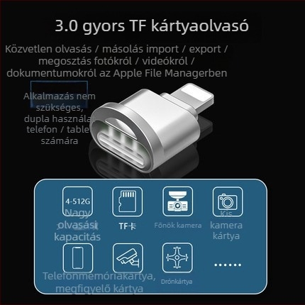 Apple Lightning TF kártyaolvasó iPhone/iPad készülékekhez – cinkötvözet test, TF-kártya támogatás, OEM és logó nyomtatás
