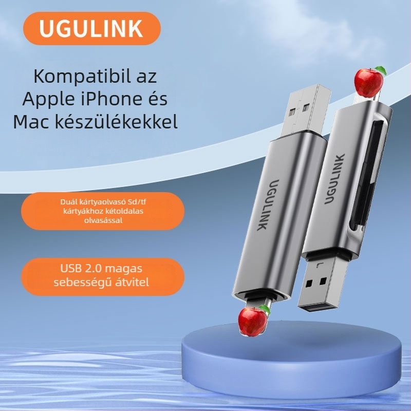 WG-520 USB 2.0 OTG kártyaolvasó – SD/TF memóriakártyákhoz, Lightning/USB interfész, alumínium ötvözet, kompatibilis Apple eszközökkel