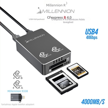 USB4 2-az-egyben kártyaolvasó CFA és CFB támogatással, USB-C interfész 40Gbps-sel, alumínium ház, modell 9338