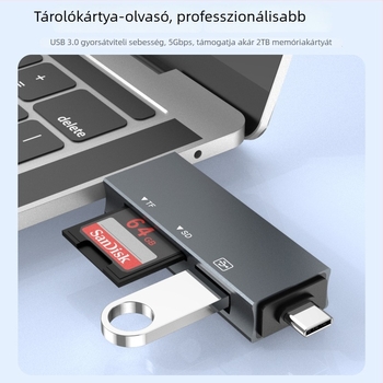 USB 3.0 kártyaolvasó SDHC/TF-hez – külső alumíniumötvözet test, OTG, Android telefonokhoz és számítógépekhez (Modell Ltc0069)