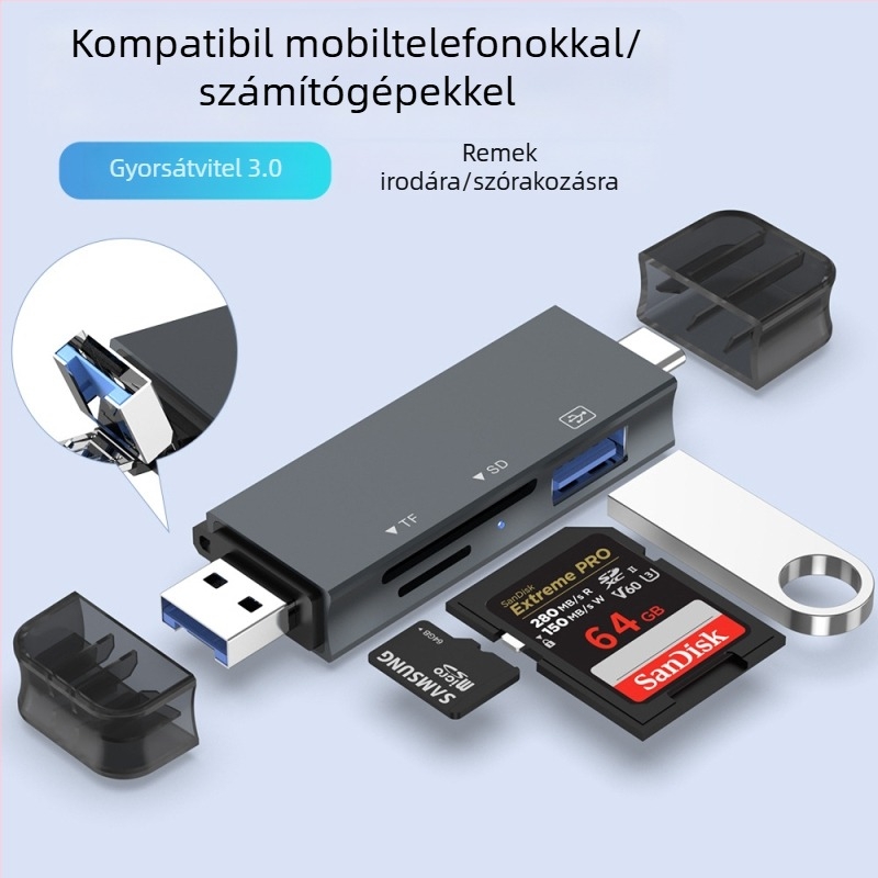 USB 3.0 kártyaolvasó SDHC/TF-hez – külső alumíniumötvözet test, OTG, Android telefonokhoz és számítógépekhez (Modell Ltc0069)