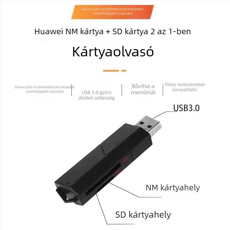 Külső USB 2.0-s kártyaolvasó NM/SD kártyákhoz, műanyag ház, OEM rendelhető logóval, testreszabás rajz alapján