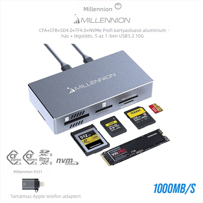 Maihelun 9331 Külső 5 az 1-ben kártyaolvasó és SSD-ház, CF/SD/SDHC/TF, USB-C, USB 3.2 Gen2x1 10Gbps, Alumínium tokozás