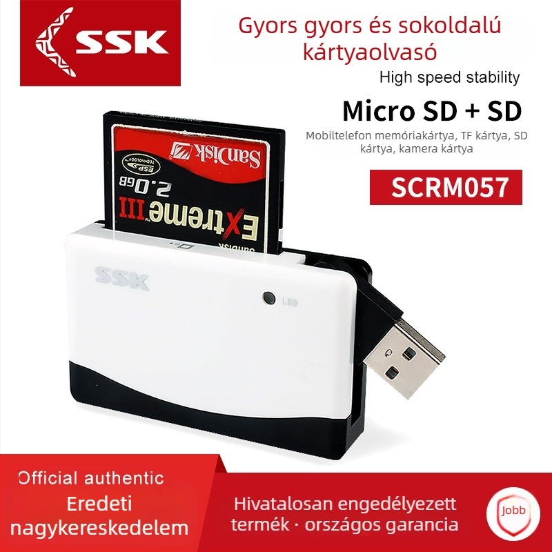 All-in-One USB 2.0 kártyaolvasó SCRM057 – MicroSD/SD/CF támogatás, külső csatlakozás, Windows/macOS kompatibilis