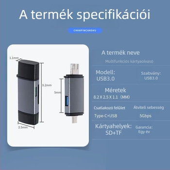 Hat az egyben USB-kártyaolvasó SD és microSD (TF) támogatással, USB-C interfész, Android-kompatibilis
