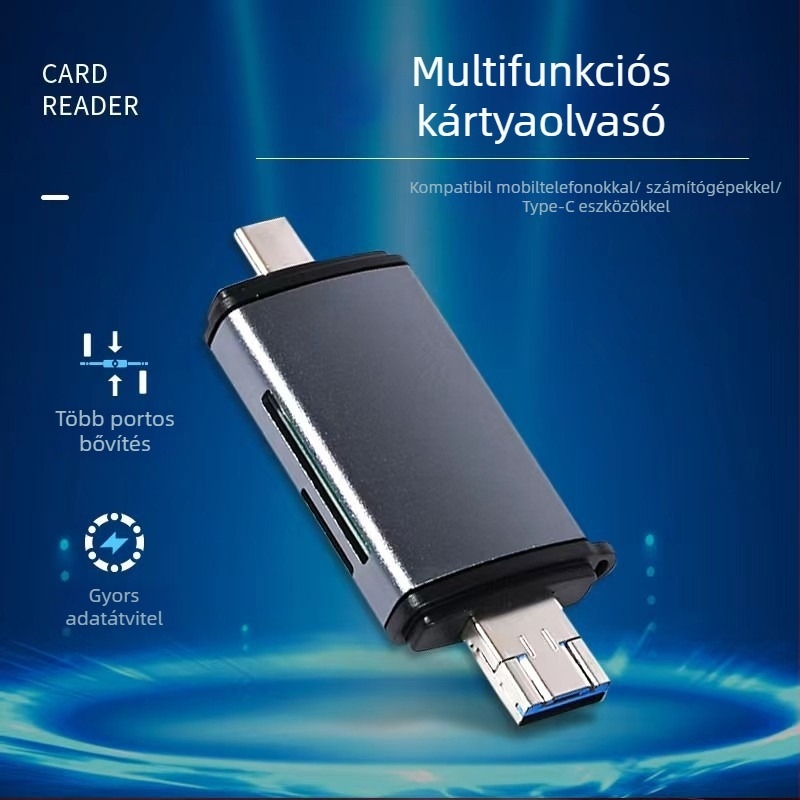 Hat az egyben USB-kártyaolvasó SD és microSD (TF) támogatással, USB-C interfész, Android-kompatibilis