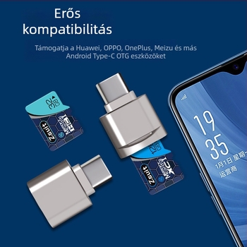 Type-C TF/MicroSD kártyaolvasó, USB 2.0, OTG-kompatibilitás, fém burkolat