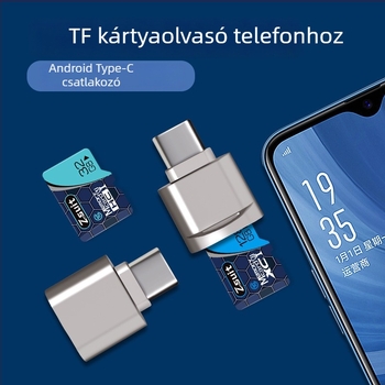 Type-C TF/MicroSD kártyaolvasó, USB 2.0, OTG-kompatibilitás, fém burkolat